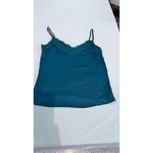 Women's Lace Trim Sleeveless V-Neck Strappy Camisole Top Dark Green Size Small